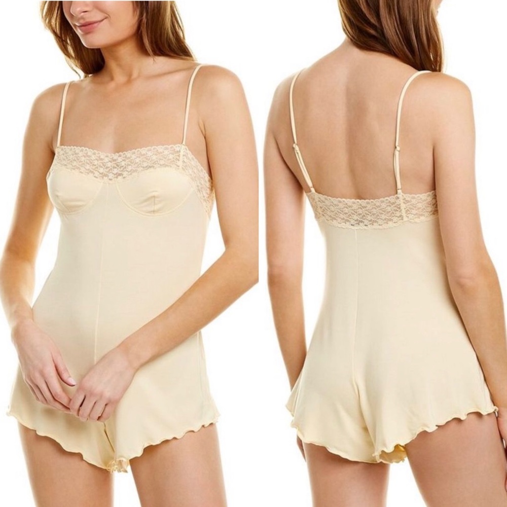 We Wore What Lace Trim Lounge Romper Yellow XL WeWoreWhat Sleep Lettuce Trim